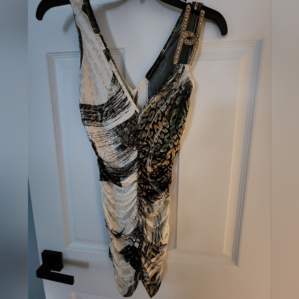 NWOT Women's Symphony Double Vneck White Gold Black Rhinestone Ruched Dress XS/S